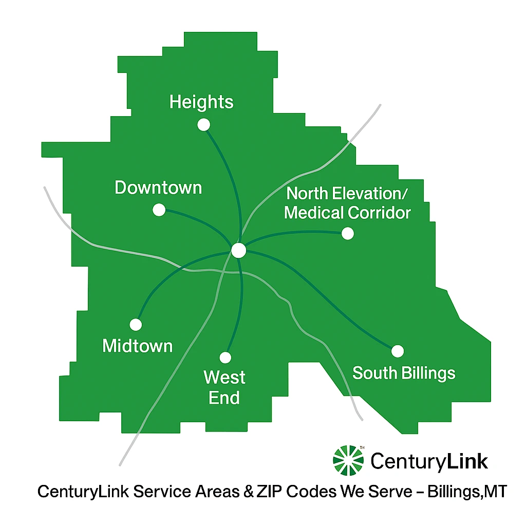 Minimalist green map of Billings, Montana showing CenturyLink service areas with white nodes and labels for Heights, Downtown, North Elevation, Midtown, West End, South Billings and Shiloh, connected by CenturyLink-green fiber lines and featuring the Yellowstone River for geographic context