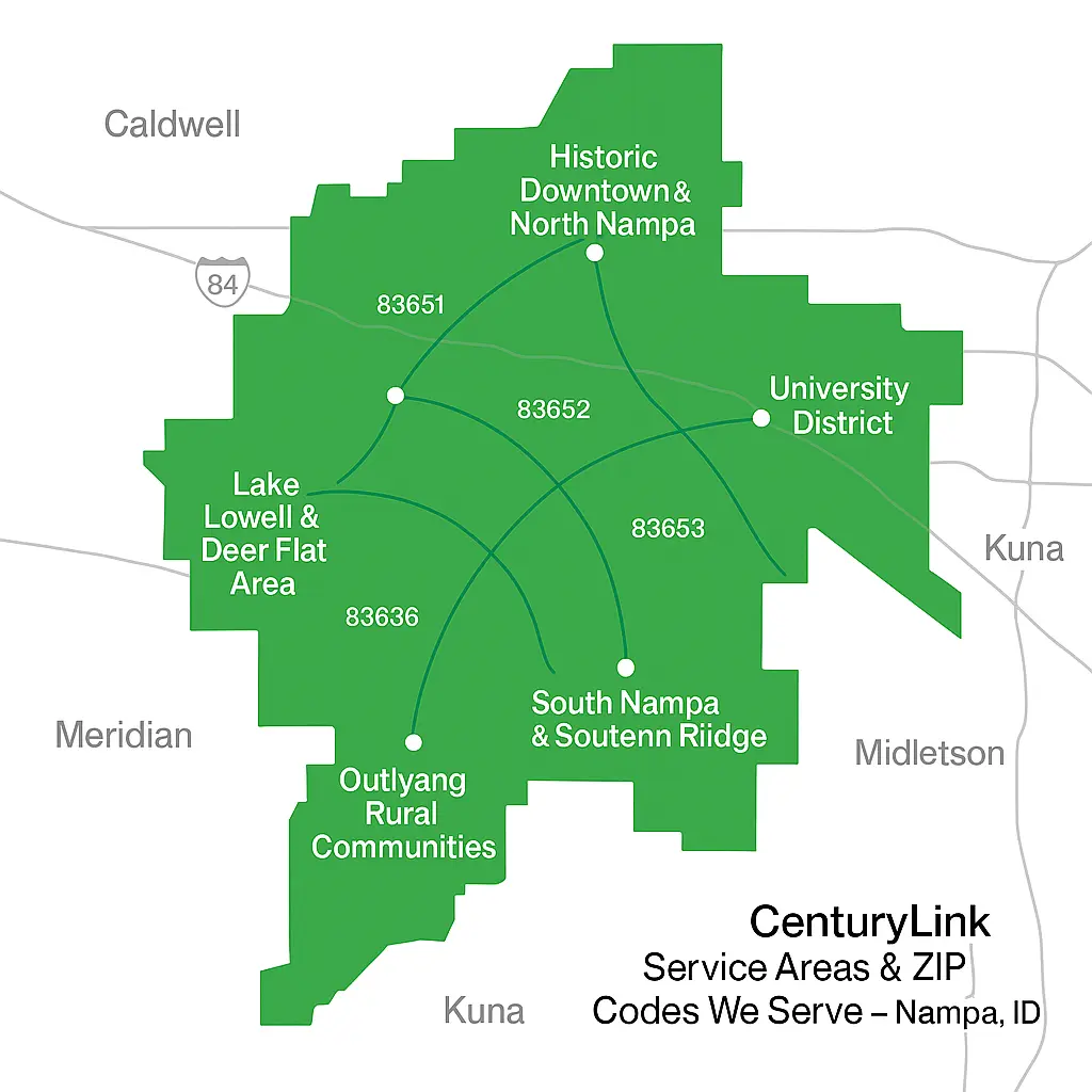 Minimalist green map of Nampa, Idaho showing CenturyLink service areas and ZIP codes with white nodes connected by CenturyLink-green fiber lines, highlighting coverage in Historic Downtown, Lake Lowell, University District, South Nampa, Karcher and Midland, and outlying rural communities.