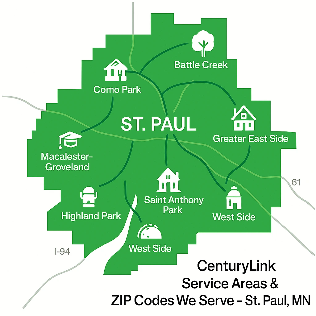 Infographic-style green map of St. Paul, Minnesota showing CenturyLink service areas with white nodes and custom icons for neighborhoods such as Battle Creek, Como Park, Highland Park, Macalester-Groveland, Hamline-Midway, Saint Anthony Park, Summit Hill, West Seventh and West Side, all connected by CenturyLink-green fiber lines