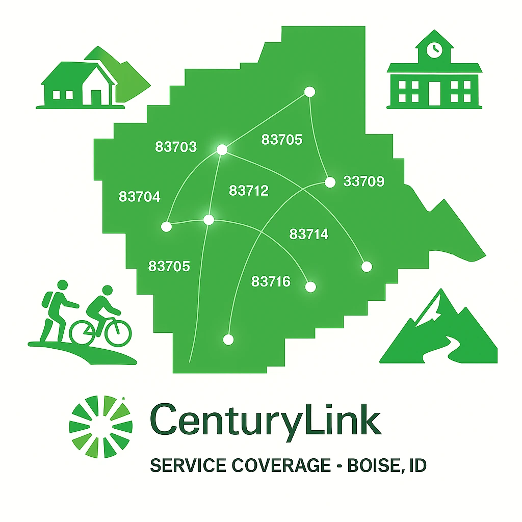 Flat vector map of Boise, Idaho, in green with glowing dots connected by network lines, marking major ZIP codes (83702, 83703, 83704, 83705, 83706, 83709, 83712, 83713, 83714, 83716, 83720). Around the map, icons show a farmhouse, a community center, people biking, and mountain peaks to represent country living, community, trails, and vistas. CenturyLink logo and text read “CenturyLink Service Coverage – Boise, ID.”