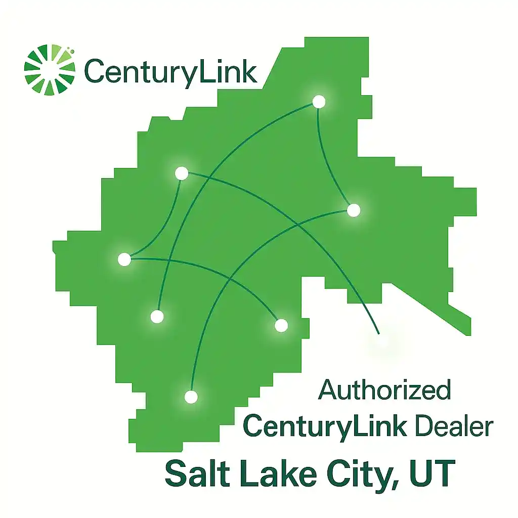 Minimalist green vector map of Salt Lake City with glowing network dots connected by lines, representing CenturyLink internet coverage. The CenturyLink logo is placed at the top left, and the text below reads “CenturyLink Salt Lake City, UT,” creating a shorter, cleaner design.
