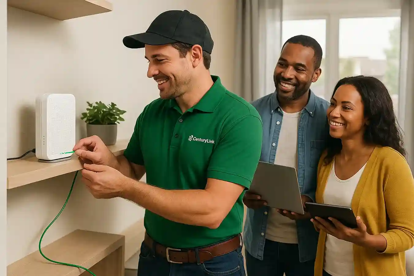 Photo of a CenturyLink technician installing a fiber modem and router in a modern Nampa, Idaho home with homeowners watching, showcasing free installation and included equipment for Quantum Fiber plans