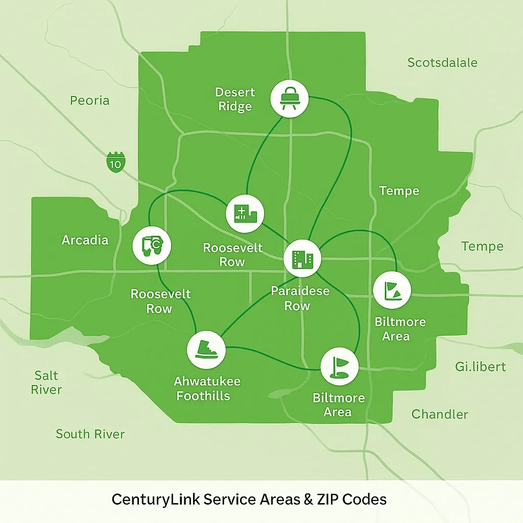 Infographic-style green map of Phoenix, Arizona and surrounding suburbs showing CenturyLink service areas with white nodes and custom icons for Arcadia, Roosevelt Row, Paradise Valley Village, Uptown Phoenix, Camelback Corridor, Desert Ridge, Ahwatukee Foothills and Biltmore Area, connected by CenturyLink-green fiber lines with highways and landmarks for context and no logos or text at the bottom
