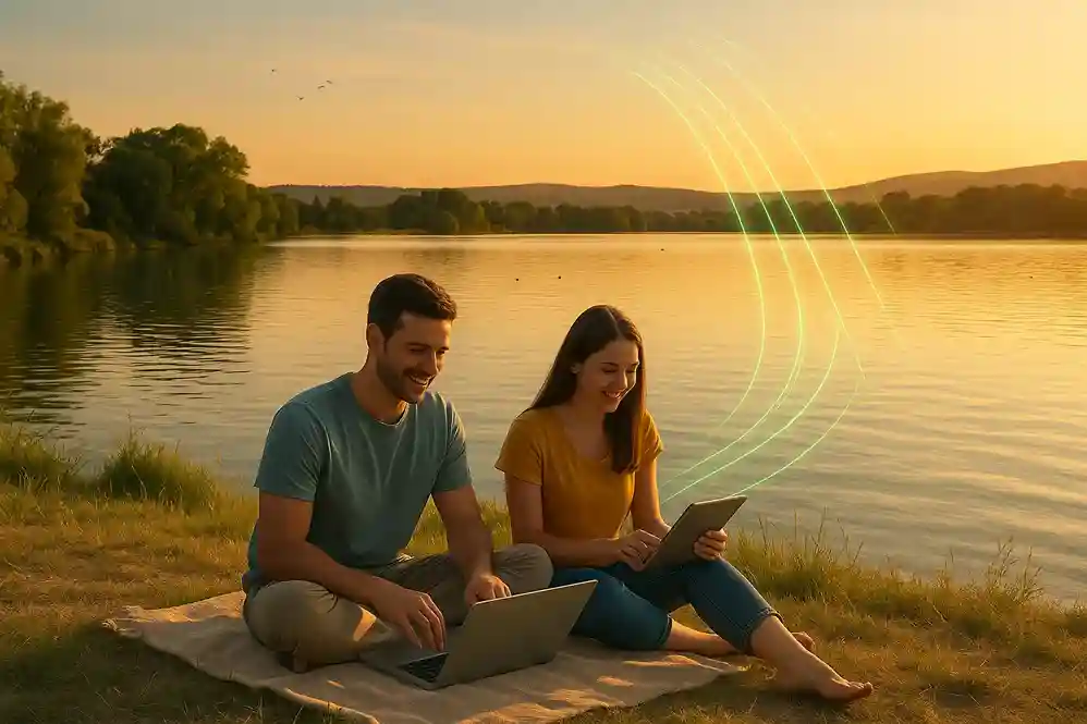 Photo of Lake Lowell near Nampa, Idaho at golden hour showing two people using a laptop and tablet with subtle fiber-optic light effects, symbolizing reliable high-speed internet from CenturyLink and Quantum Fiber