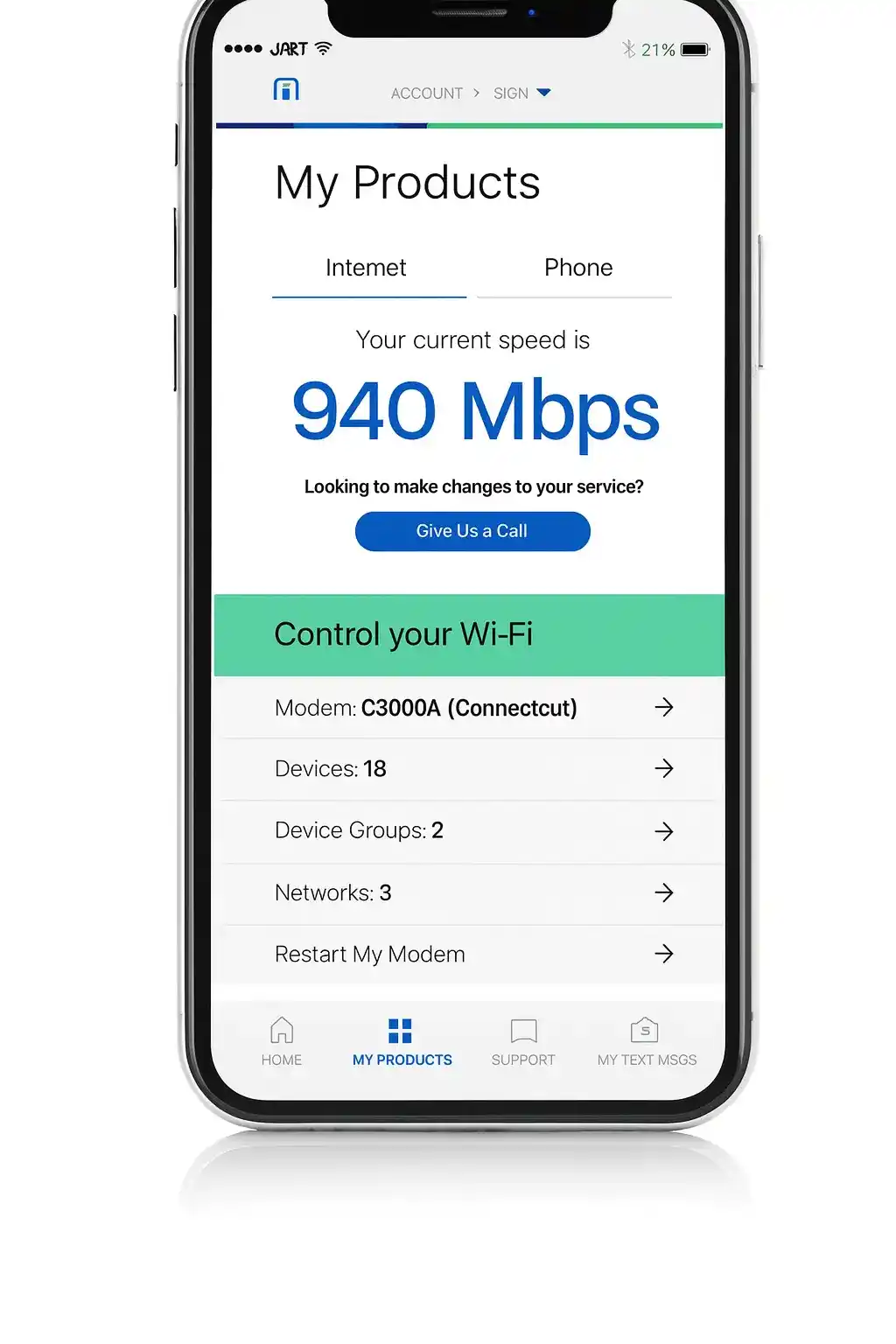 Smartphone screen showing internet speed test app with 940 Mbps result, Wi-Fi modem details, connected devices, and control options.