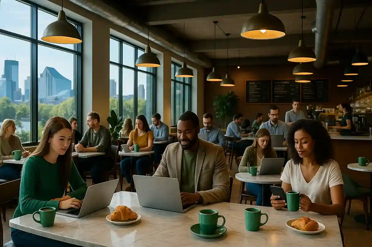 Photo-realistic image of a large, lively café in Minneapolis with marble tables, tall windows showing the city skyline, baristas behind the counter, people drinking coffee, chatting, reading, and working on laptops, accented with subtle CenturyLink-green décor to symbolize high-speed internet connectivity