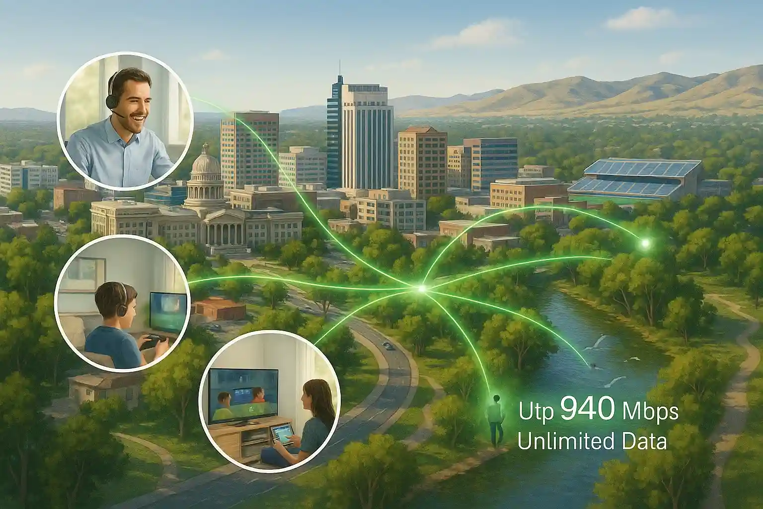 Realistic digital illustration of Boise, Idaho, in daytime with the downtown skyline, Idaho State Capitol, and foothills in the background. Bright green fiber-optic trails connect the city, homes, and outdoor areas. Insets show a remote worker on a video call, a child gaming, a family streaming TV, and a person on the Boise River Greenbelt using a smartphone. Text overlay highlights “Up to 940 Mbps • Unlimited Data.”
