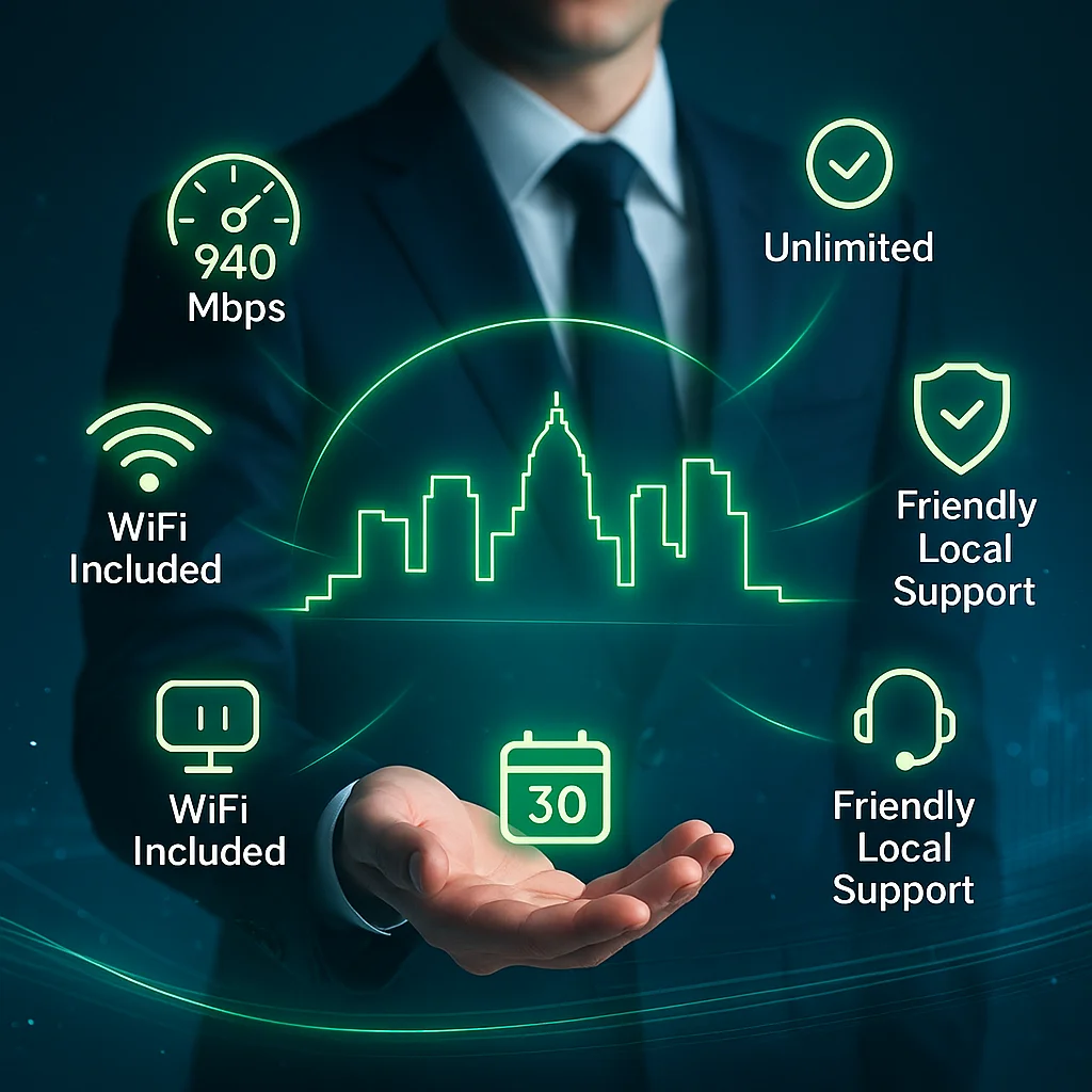 Futuristic digital illustration of a businessman presenting glowing green icons around the Des Moines skyline, highlighting CenturyLink benefits such as 940 Mbps fiber speed, unlimited data, WiFi included, month-to-month billing, reliability, and friendly local support.