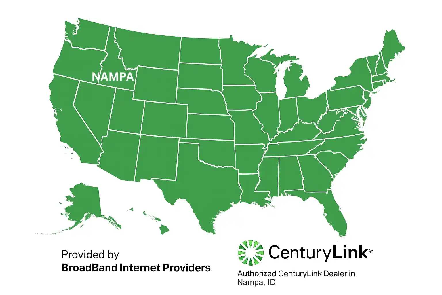 United States map in green showing CenturyLink service coverage with Nampa, Idaho labeled. Image includes CenturyLink logo and BroadBand Internet Providers credit as the authorized CenturyLink dealer in Nampa, ID.