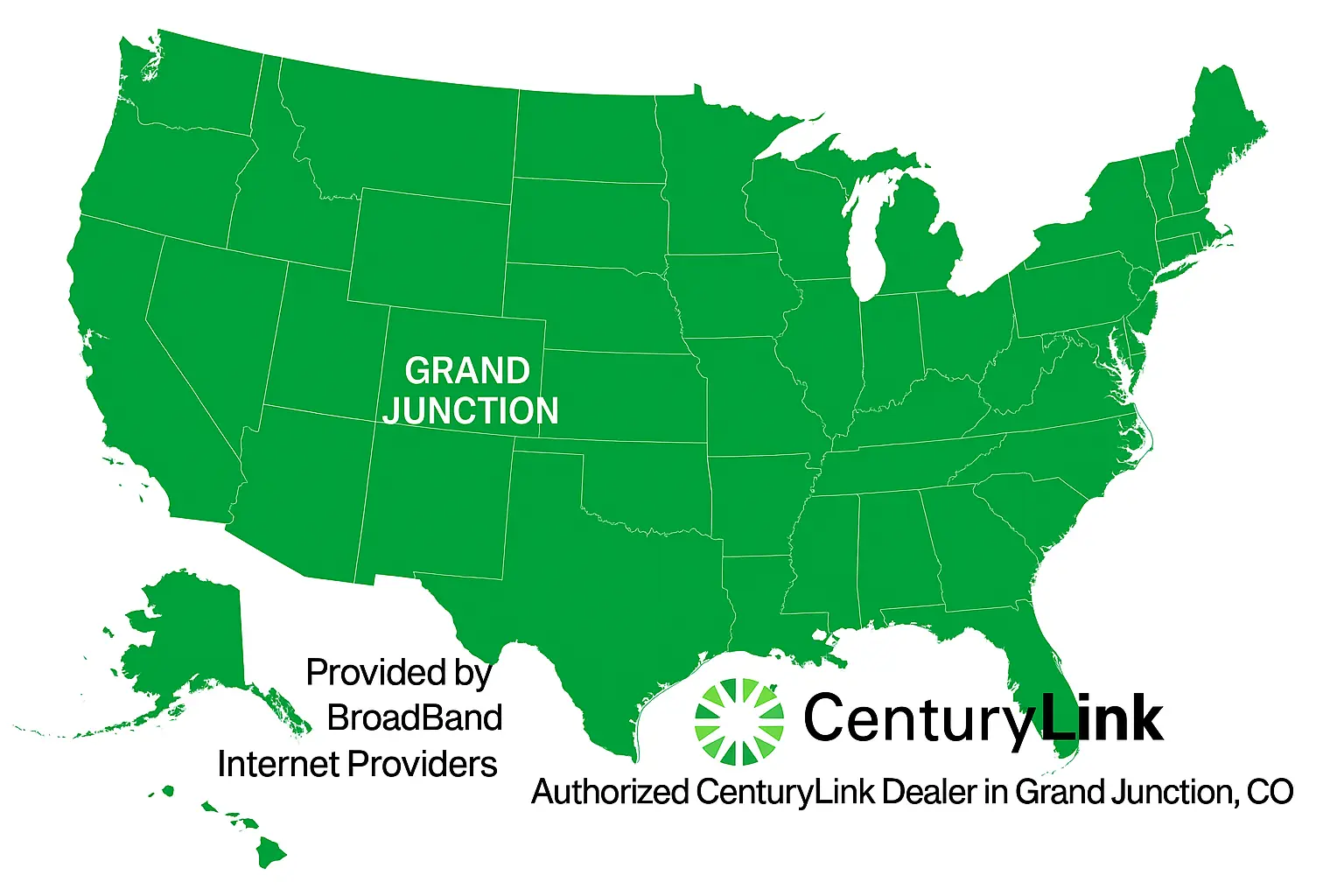 Full U.S. map highlighting Grand Junction, Colorado, showing CenturyLink Internet service availability. Includes CenturyLink logo and text stating Broadband Internet Providers as the authorized CenturyLink dealer in Grand Junction, CO.