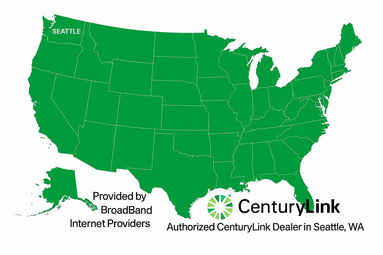 Full U.S. map highlighting Seattle, Washington, with CenturyLink Internet service availability shown. Includes CenturyLink logo and text stating Broadband Internet Providers as the authorized CenturyLink dealer in Seattle, WA.