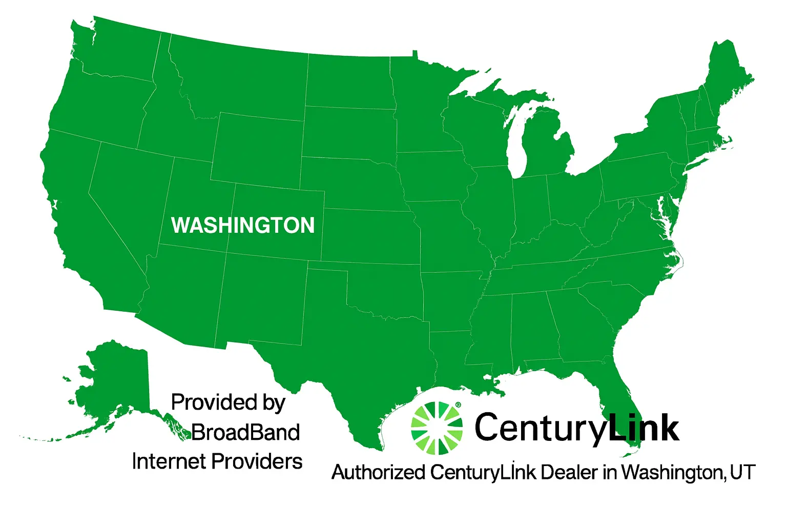 Full map of the United States highlighting Washington, Utah, with CenturyLink Internet service availability shown. Includes CenturyLink logo and text stating Broadband Internet Providers as the authorized CenturyLink dealer in Washington, UT.