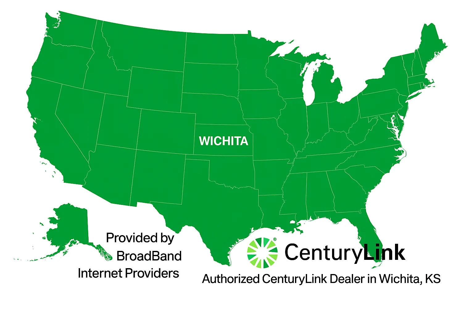 Map of the United States highlighting Wichita, Kansas, showing CenturyLink Internet service availability with Broadband Internet Providers as the authorized CenturyLink dealer in Wichita, KS.