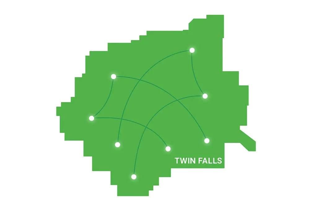 Minimalist green digital map of Twin Falls, Idaho on a white background with glowing fiber connection nodes and curved lines, showing CenturyLink service coverage across Twin Falls and surrounding communities.