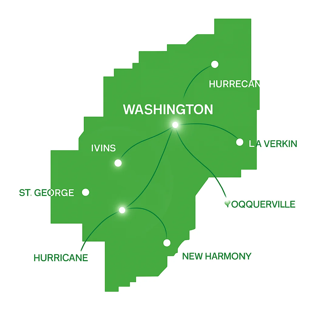 Green digital map of Washington, Utah highlighting CenturyLink service areas with glowing connection nodes. Includes surrounding towns such as St. George, Hurricane, Ivins, Santa Clara, La Verkin, Toquerville, Leeds, and New Harmony, representing CenturyLink coverage across Washington County.