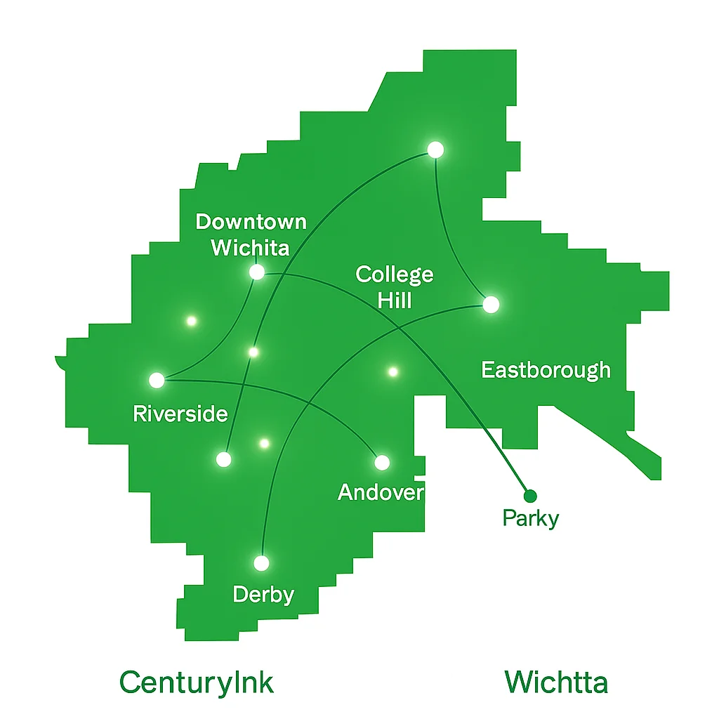 Green digital map of Wichita, Kansas and surrounding Sedgwick County communities with glowing fiber connection nodes. Highlights Downtown Wichita, College Hill, Riverside, Delano District, Eastborough, Derby, Andover, and Park City as CenturyLink service areas.