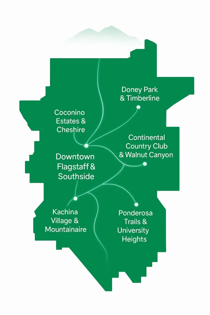 Minimalist map of Flagstaff, Arizona with city boundary filled in green and white background. White nodes and labels mark neighborhoods including Downtown Flagstaff & Southside, Coconino Estates & Cheshire, Continental Country Club & Walnut Canyon, Ponderosa Trails & University Heights, Kachina Village & Mountainaire, and Doney Park & Timberline, connected by glowing fiber lines.
