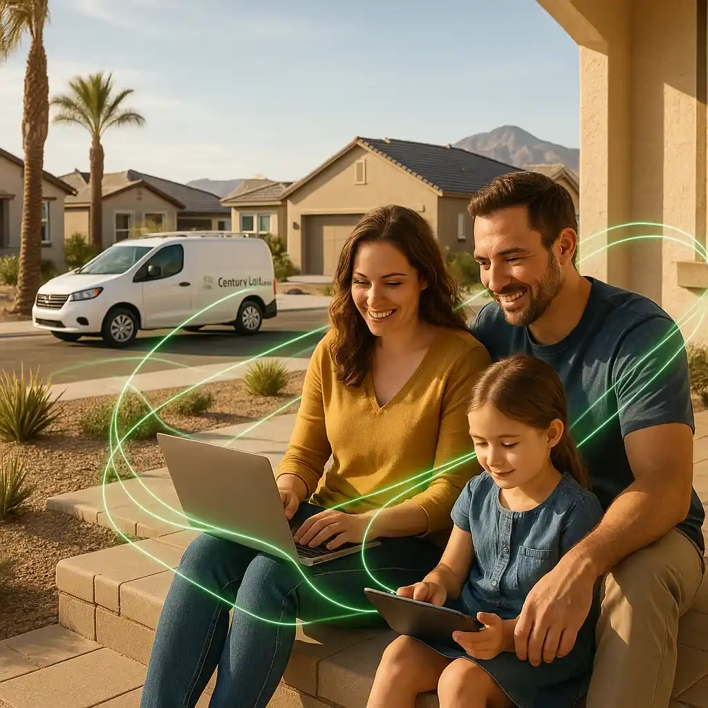 Realistic photo of a family sitting on their porch in Buckeye, Arizona, using laptops and a tablet while green fiber optic lines glow nearby and a CenturyLink van is parked on the street in a sunny suburban neighborhood with desert landscaping and mountains in the distance.