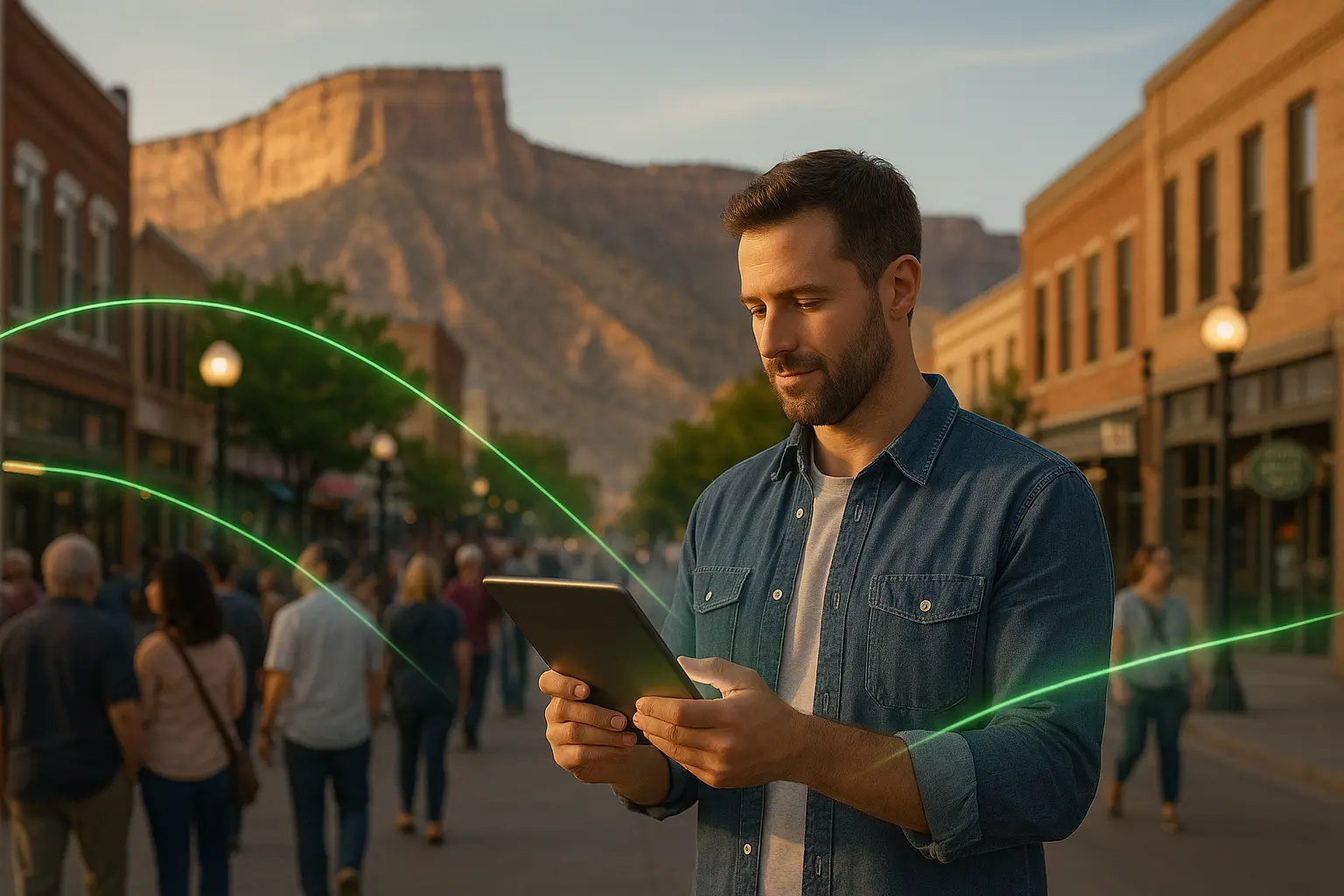 A man in a crowd in downtown Grand Junction using a tablet, with subtle green fiber optic lines representing CenturyLink high-speed internet, and the Colorado National Monument in the background.