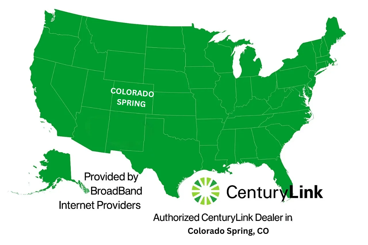 U.S. map in green highlighting Colorado Springs, Colorado with CenturyLink branding and Broadband Internet Providers label.