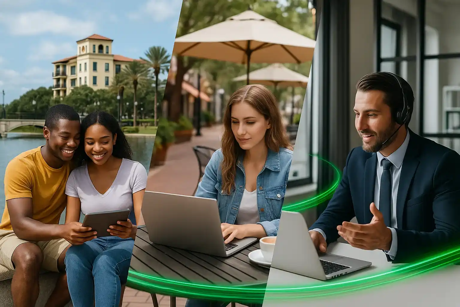 Composite image of three realistic scenes in Altamonte Springs, Florida—a couple streaming by Cranes Roost Park, a woman working on a laptop at an outdoor café, and a businessman video conferencing in an office—connected by glowing CenturyLink-green fiber optic lines symbolizing high-speed internet.