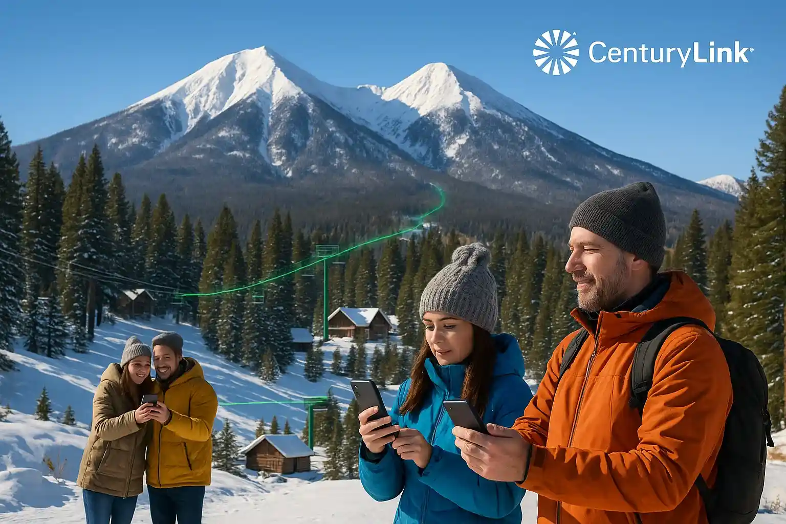 Realistic winter photo of tourists in Flagstaff, Arizona using smartphones near snowy San Francisco Peaks, with subtle green CenturyLink network lines connecting cabins and ski lifts to symbolize dependable internet coverage.