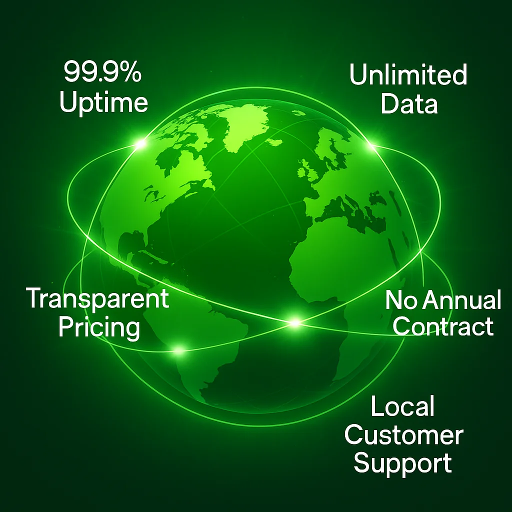Green 3D globe surrounded by glowing fiber optic lines representing CenturyLink’s internet network, with clearly spaced highlights reading 99.9% uptime, unlimited data, transparent pricing, no annual contract, and local customer support.