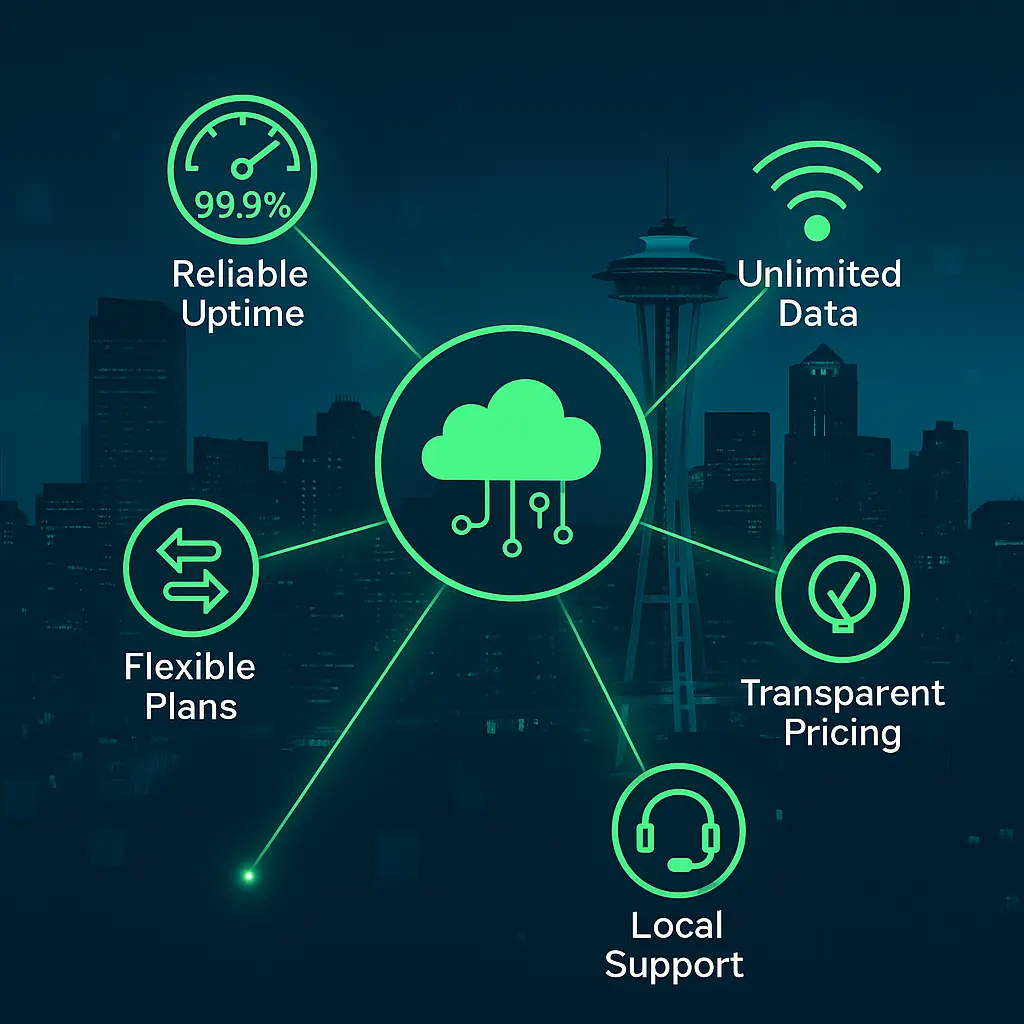 CenturyLink promotional graphic for Seattle with the Space Needle in the background, a central glowing cloud icon, and green fiber optic lines connecting icons for reliable uptime, unlimited data, flexible plans, transparent pricing, and local support.