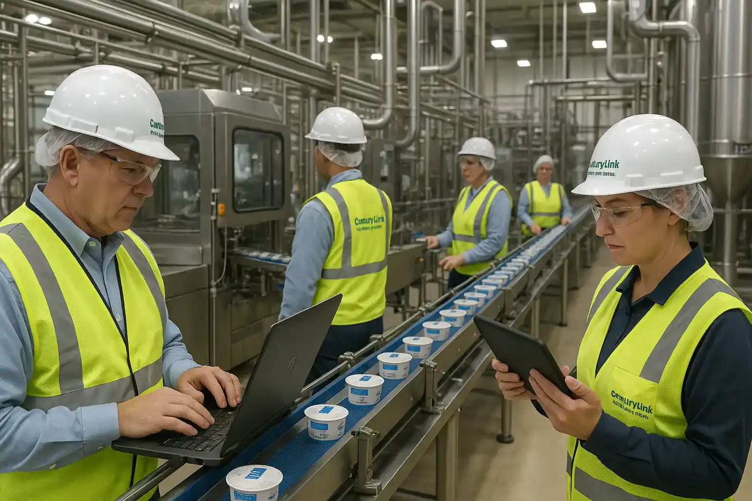 Food-processing plant in Twin Falls with workers using laptops and tablets, stainless steel machinery and conveyor belts, and glowing CenturyLink green fiber optic lines connecting devices and equipment to symbolize reliable high-speed internet.