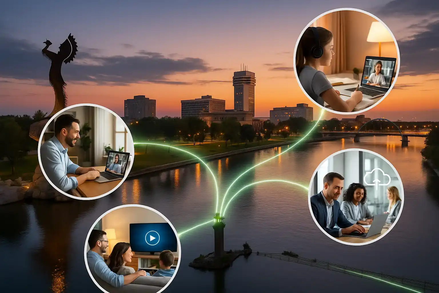 Realistic photo of the Wichita skyline at sunset with glowing fiber optic lines connecting to four circular insets: a remote worker on a video call, a student learning online, a family streaming entertainment, and professionals using cloud services. Represents CenturyLink high-speed internet powering Wichita, Kansas.