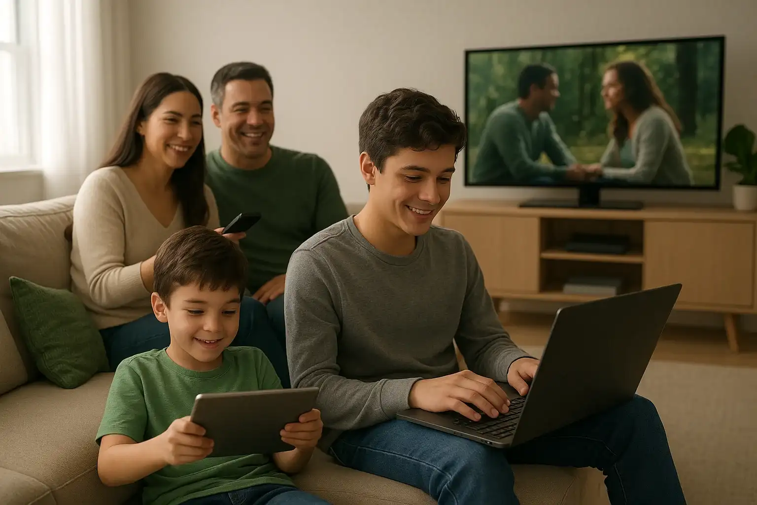 A modern family relaxing in a cozy living room while using multiple devices—parents streaming a movie, a teen gaming on a laptop, and a child using a tablet—showing strong, reliable home Wi-Fi coverage.
