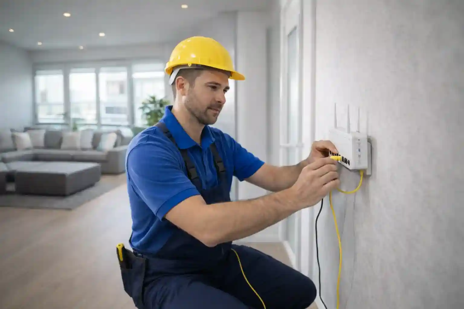 Professional Internet Technician Installing Home Wi-Fi Router