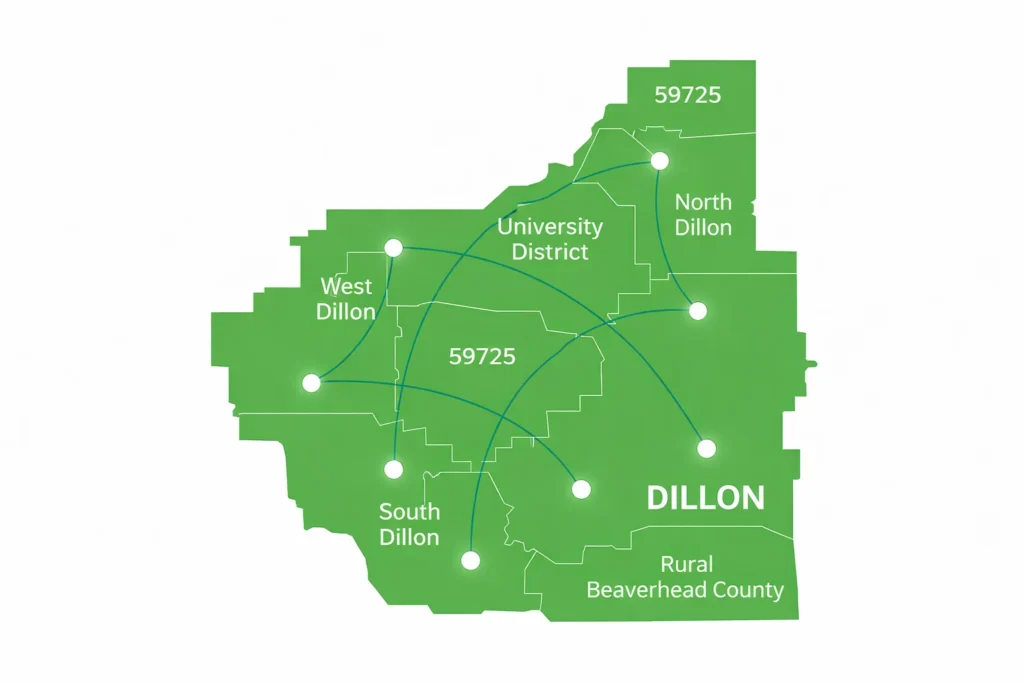Stylized map of Dillon, Montana highlighting neighborhoods such as North Dillon, South Dillon, West Dillon, the University District, rural Beaverhead County, and ZIP code 59725 with connected internet coverage points