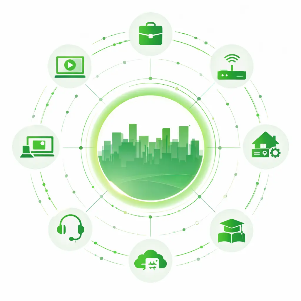 Circular green infographic showing Denver skyline at the center with icons representing reliable CenturyLink internet for homes, remote work, streaming, students, businesses, and customer support