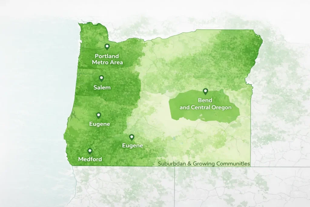 Map of Oregon highlighting CenturyLink internet service areas, including Portland Metro Area, Salem, Eugene, Bend and Central Oregon, Medford, and surrounding communities