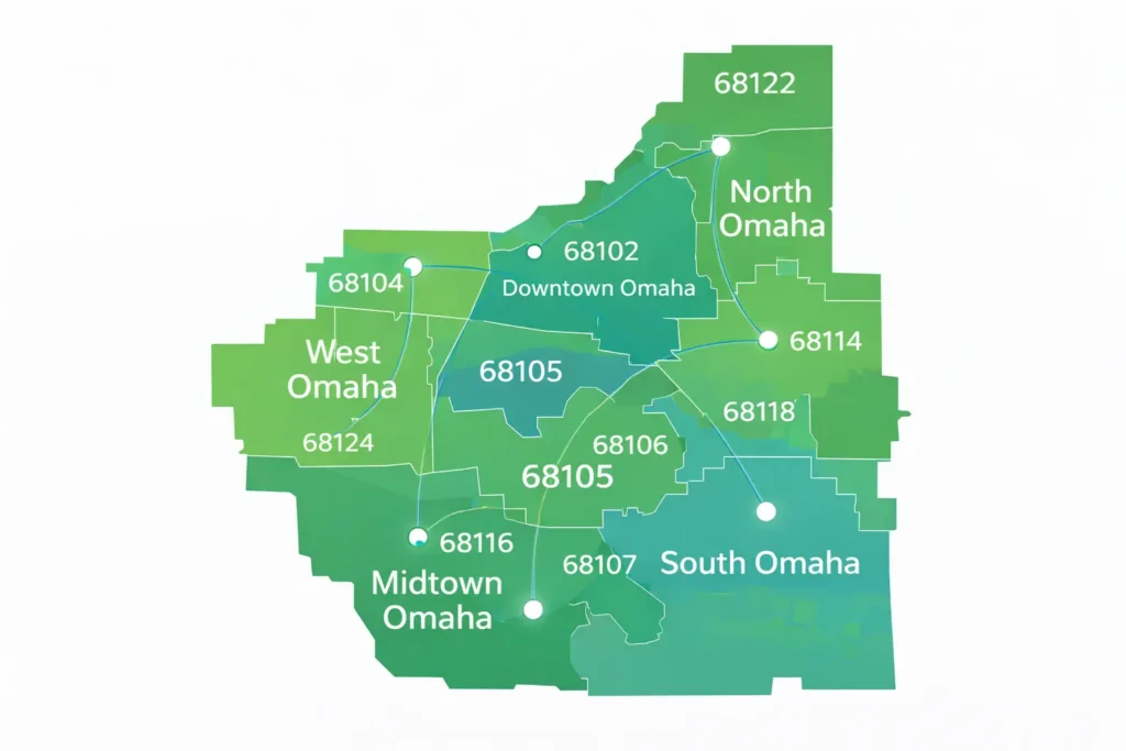 Illustrated map showing CenturyLink internet service areas and supported ZIP codes across Omaha, Nebraska