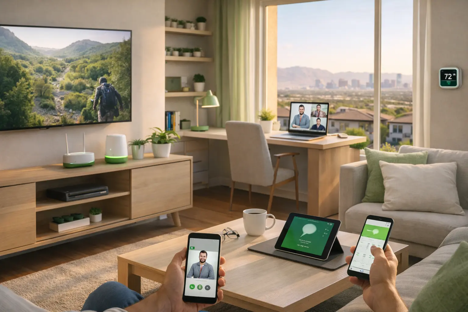 Connected smart home in Las Vegas using high-speed fiber internet with multiple devices streaming, video calling, and working simultaneously