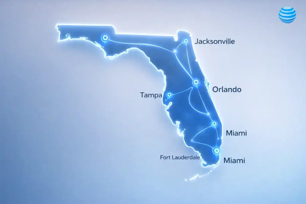 Map of Florida showing AT&T Fiber internet coverage with connected cities including Orlando, Miami, Tampa, Jacksonville, and Fort Lauderdale