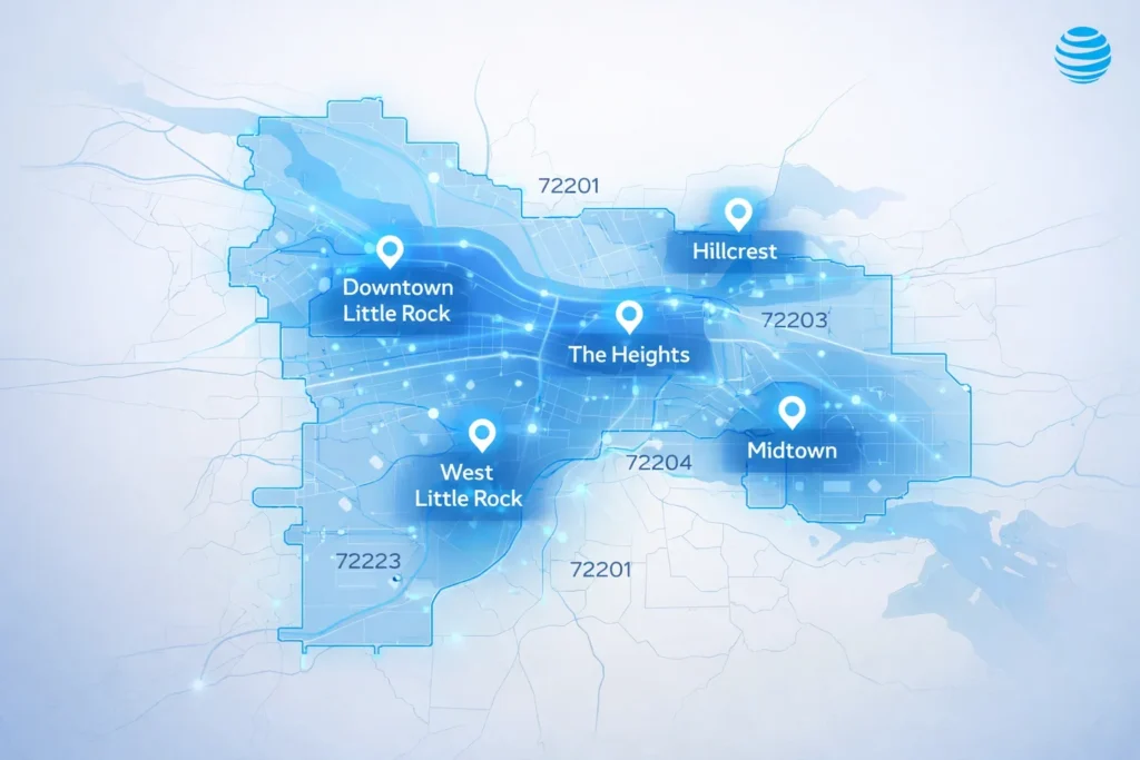 Little Rock Arkansas map with highlighted neighborhoods and zip codes showing AT&T Fiber internet coverage areas across the city