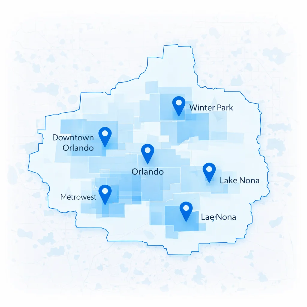 AT&T Fiber internet coverage map of Orlando Florida showing service areas in Downtown Orlando, Lake Nona, Winter Park, Dr Phillips, and Metrowest