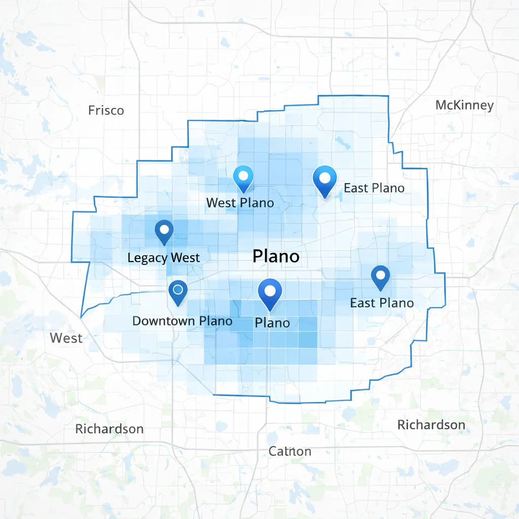Plano Texas internet coverage map showing fiber availability with highlighted areas like West Plano, East Plano, Legacy West and Downtown Plano