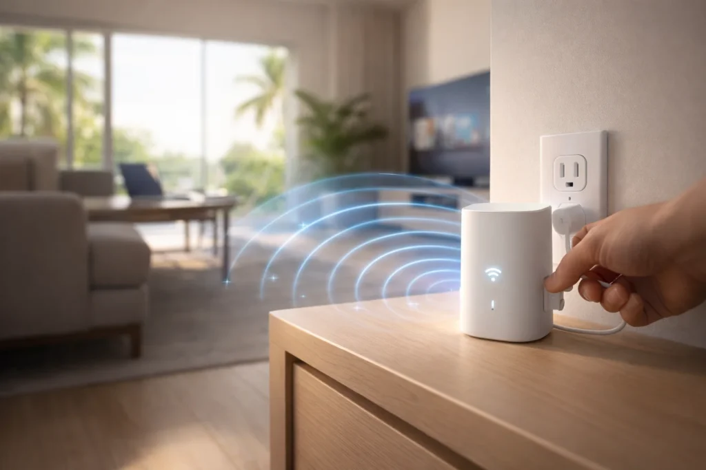 Person setting up wireless home internet device with Wi-Fi signal coverage in modern Orlando Florida home