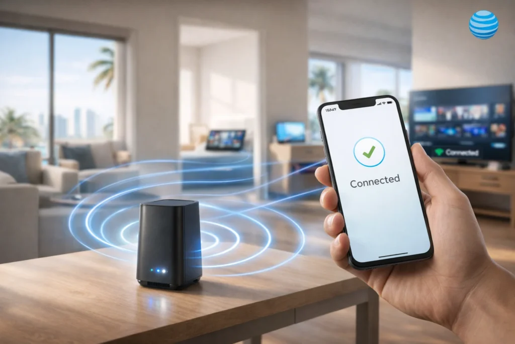 AT&T Internet Air wireless device with smartphone showing connected setup in a modern Florida home