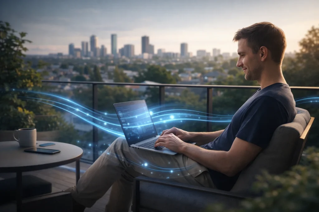 Person working on a laptop outdoors with wireless signal waves representing flexible AT&T Internet Air 5G home internet connection