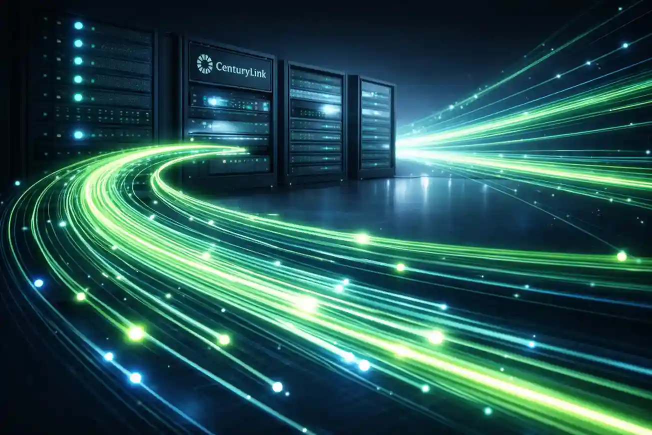 Modern data center with CenturyLink branding and glowing fiber-optic lines, representing reliable high-speed fiber internet infrastructure