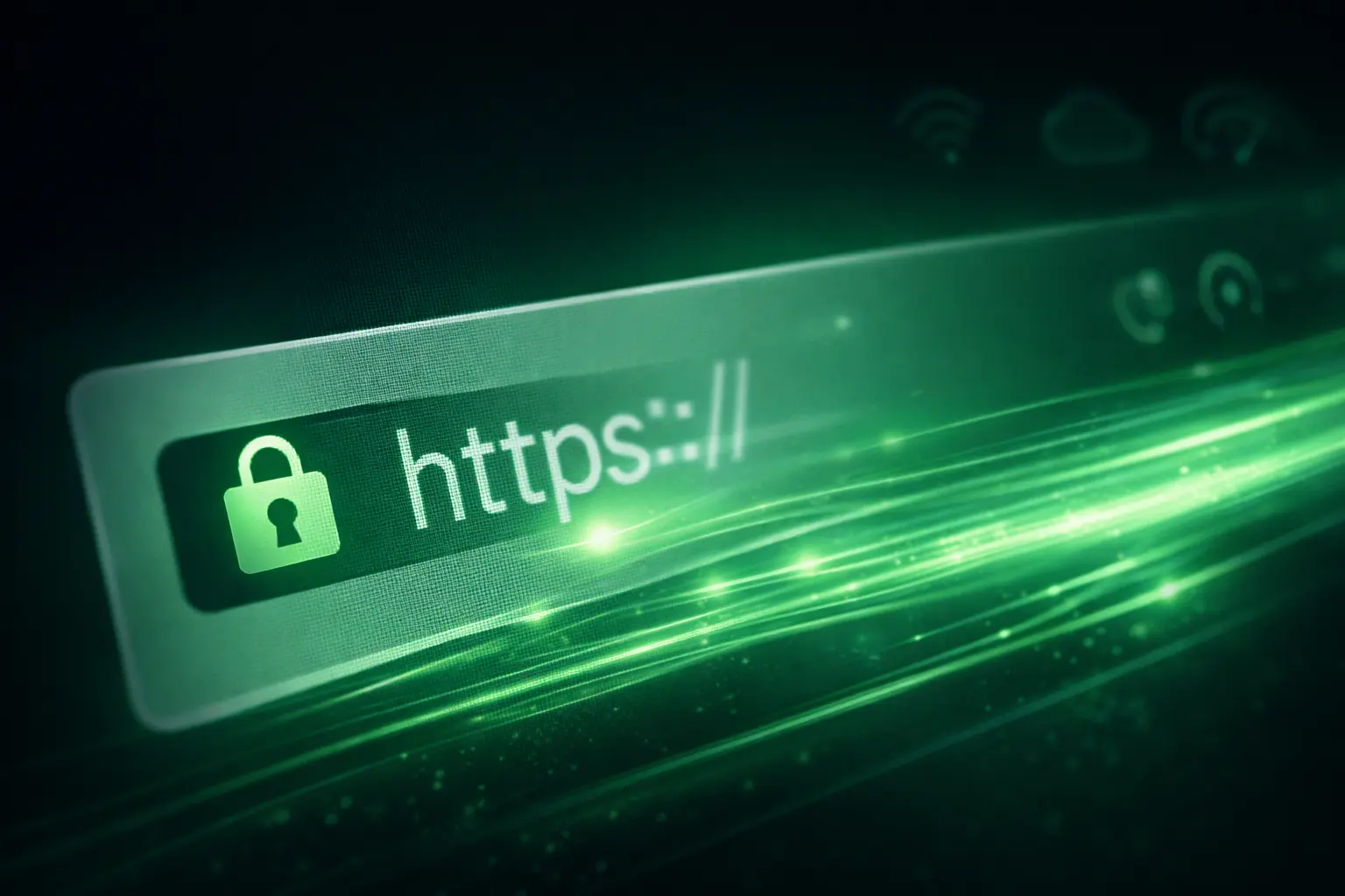 Close-up of a secure HTTPS browser address bar with a green padlock and flowing green fiber-optic lines, representing CenturyLink’s fast, reliable, and secure internet connectivity.