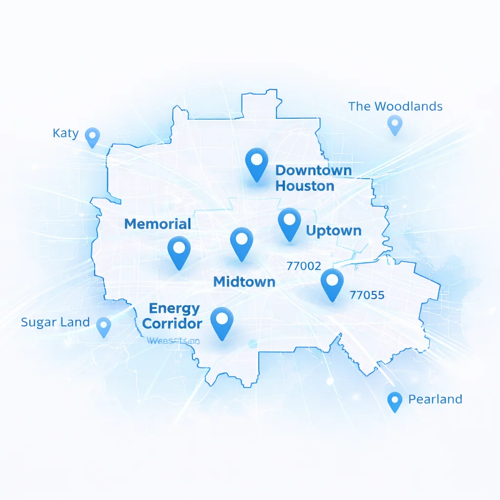 Map of Houston, Texas showing internet coverage areas with labeled neighborhoods and ZIP codes including Downtown Houston, Midtown, Uptown, Memorial, Energy Corridor, Katy, Sugar Land, and Pearland