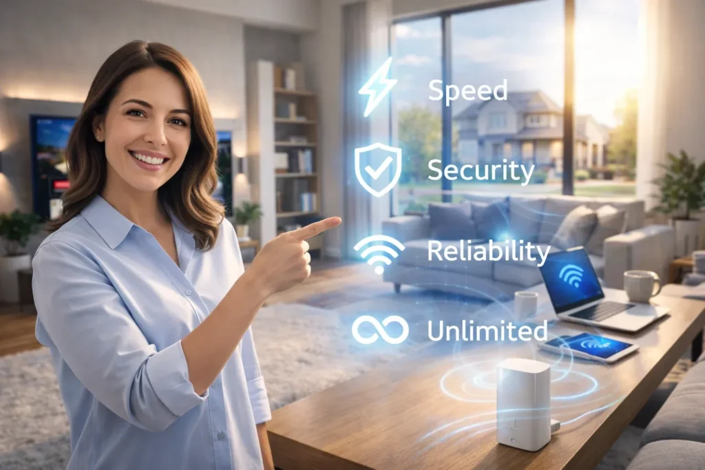 Woman pointing to internet benefits like speed, security, reliability and unlimited data in a modern Frisco Texas smart home