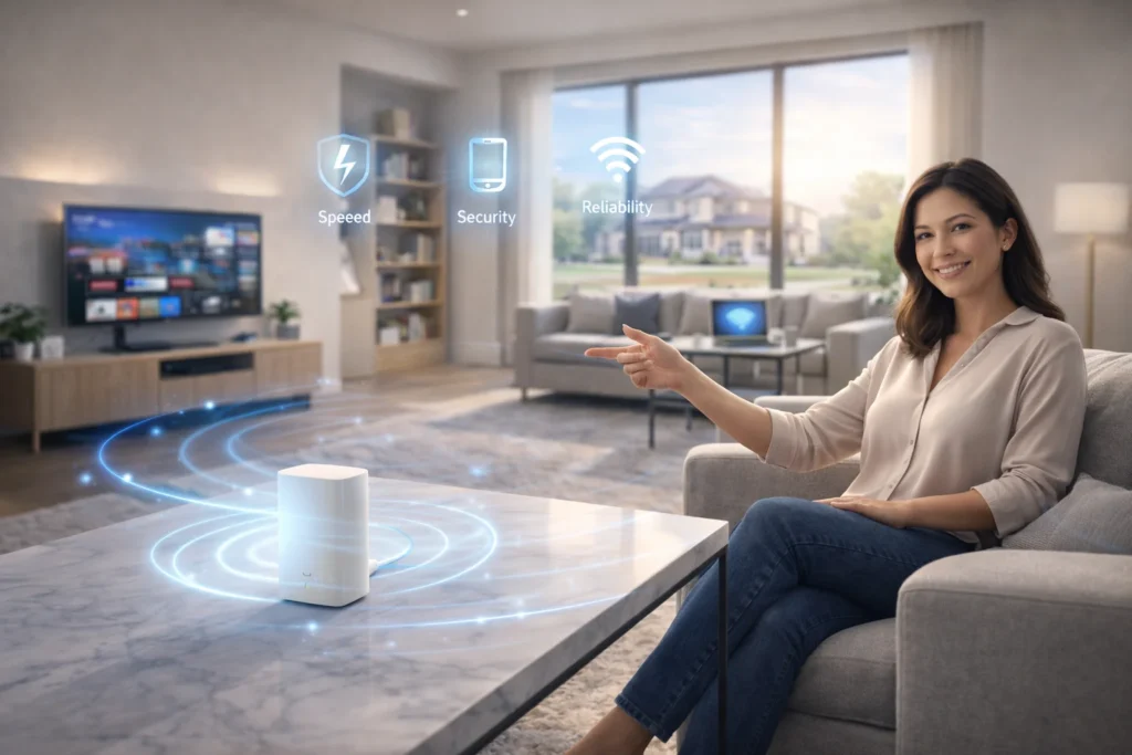 Woman pointing to internet benefits like speed, security and reliability in a modern Plano Texas home with strong Wi-Fi signal