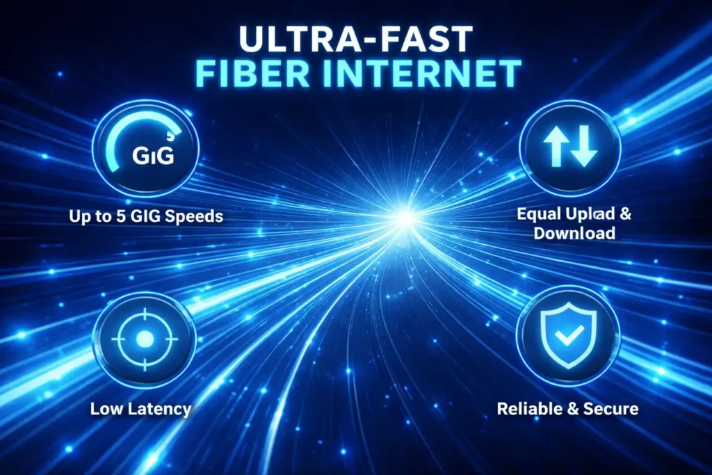 Digital fiber optic network showing high speed internet with low latency and reliable secure connection